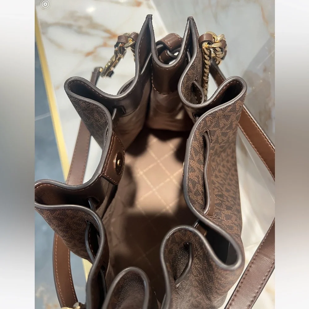 Michael Kors Brown Monogram Drawstring Shoulder Bag with Gold Chain